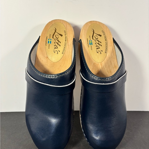 Scandi Lotta From Stockholm Navy Leather Wooden Clogs EU 42 US 11 - Picture 2 of 8